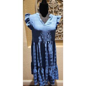 Coastal Cow Girl/Western Shien Women's Blue Ruffled Cap Sleeve Tiered Midi Dress